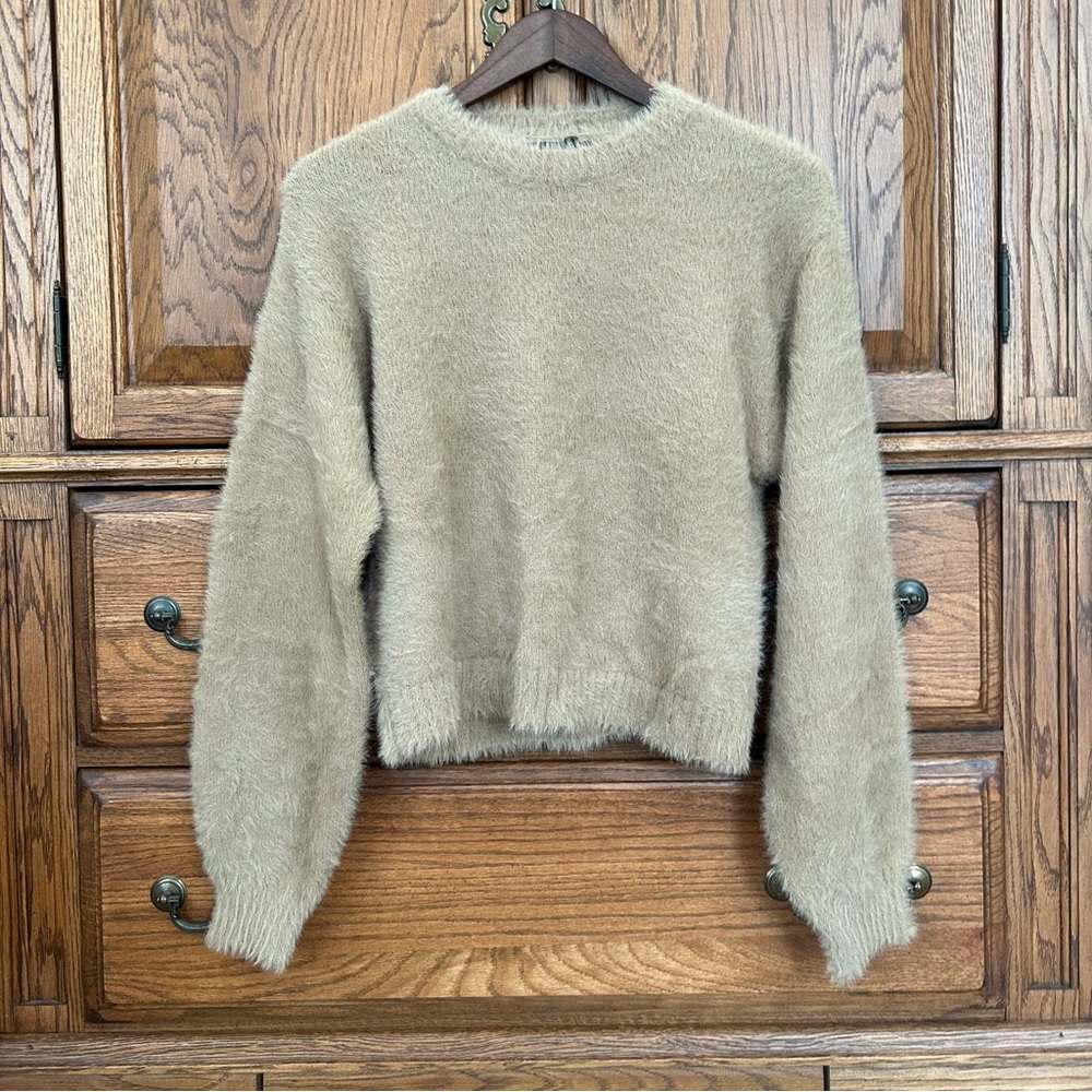 Mango Woman’s Crew Neck Eye Lash Style Tan  by Long Sleeve Sweater Size L